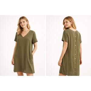 1097 Madewell Olive Green Shift Dress Small Linen Blend Button Back Minimalist